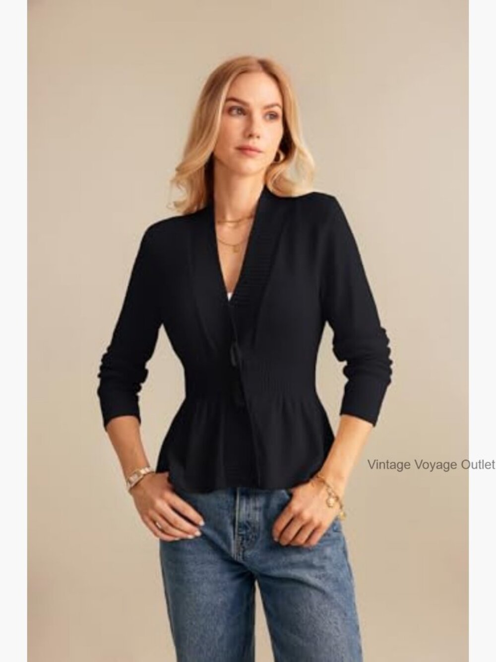 Cropped Peplum Cardigan Sweater, Long Sleeve Button Front, Lightweight Knit - Picture 2 of 7